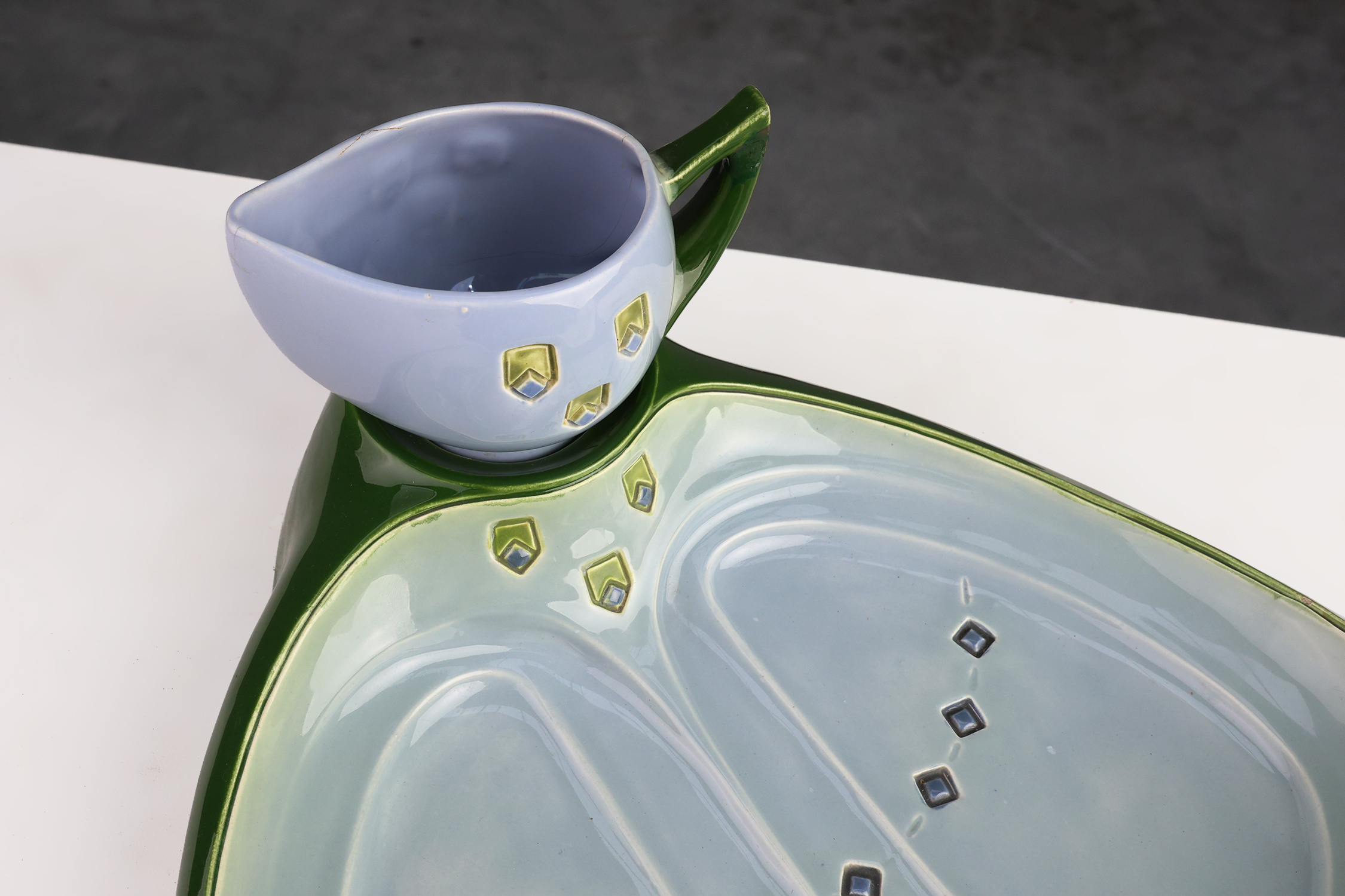 Rare Art Nouveau ceramic 3-piece asparagus set by Julius Dessler, Austria ca. 1900thumbnail